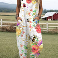 Women's  Vintage  Bee Flowers Art Print Casual 100% Cotton Wide Leg Jumpsuit