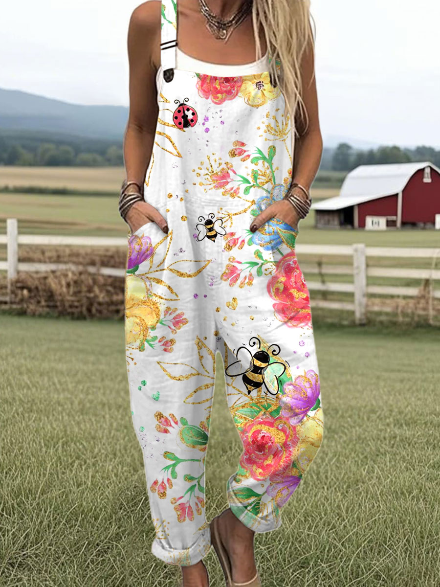 Women's  Vintage  Bee Flowers Art Print Casual 100% Cotton Wide Leg Jumpsuit