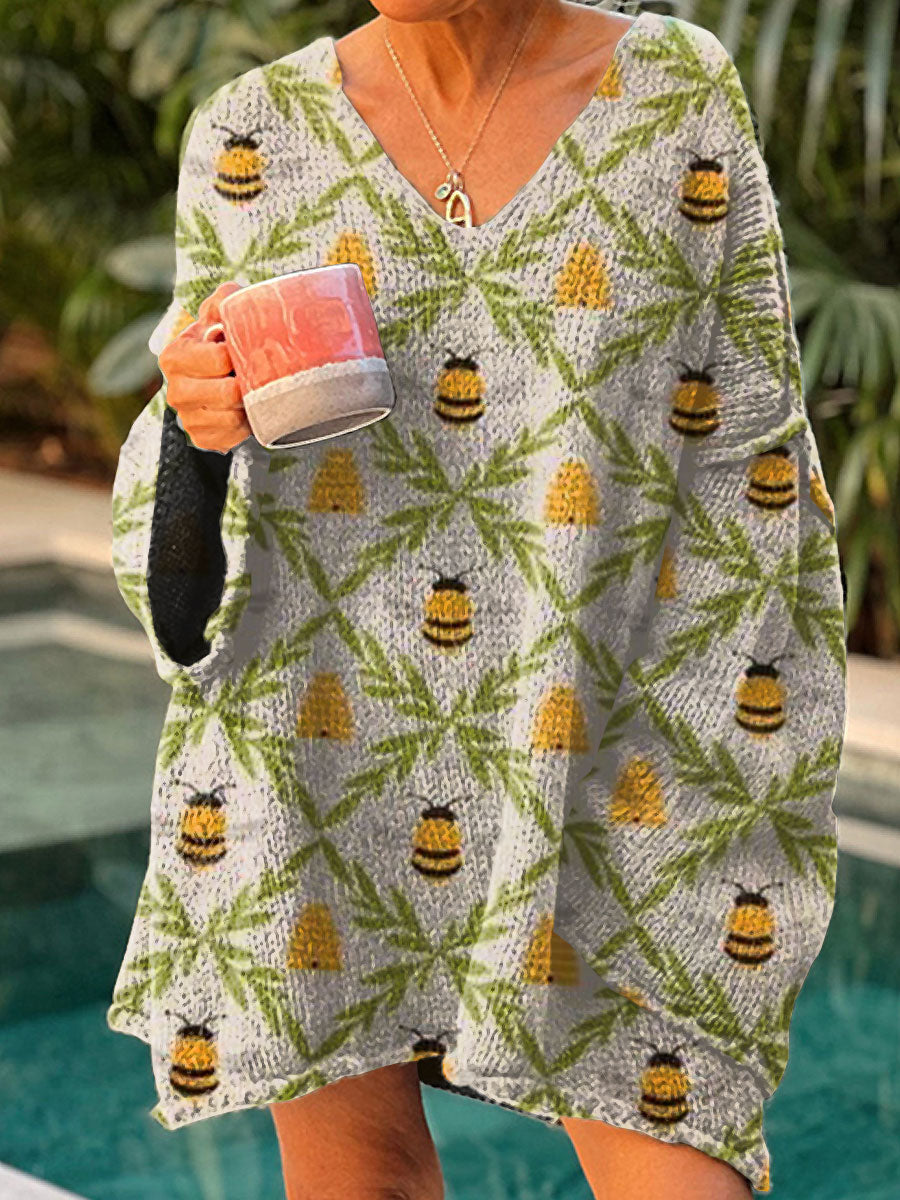 womens-funny-bee-flower-art-print-casual-pullover-sweater