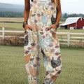 Women's Vintage Funny Animal Farm Chicken Flower Art Print Casual 100% Cotton Wide Leg Jumpsuit