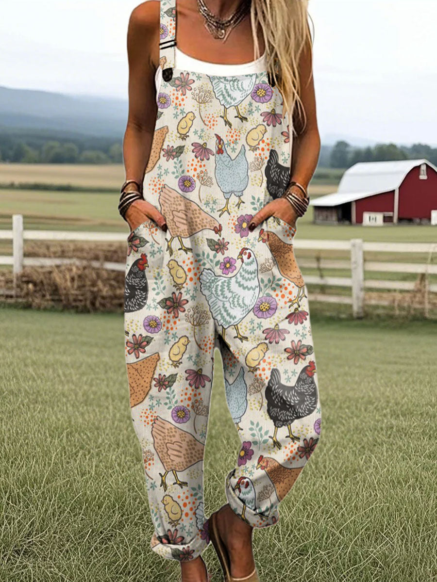 Women's Vintage Funny Animal Farm Chicken Flower Art Print Casual 100% Cotton Wide Leg Jumpsuit