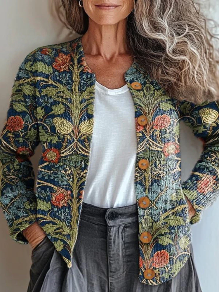 Women's Vintage Lovely Floral Art Print Buttoned Cardigan Sweater