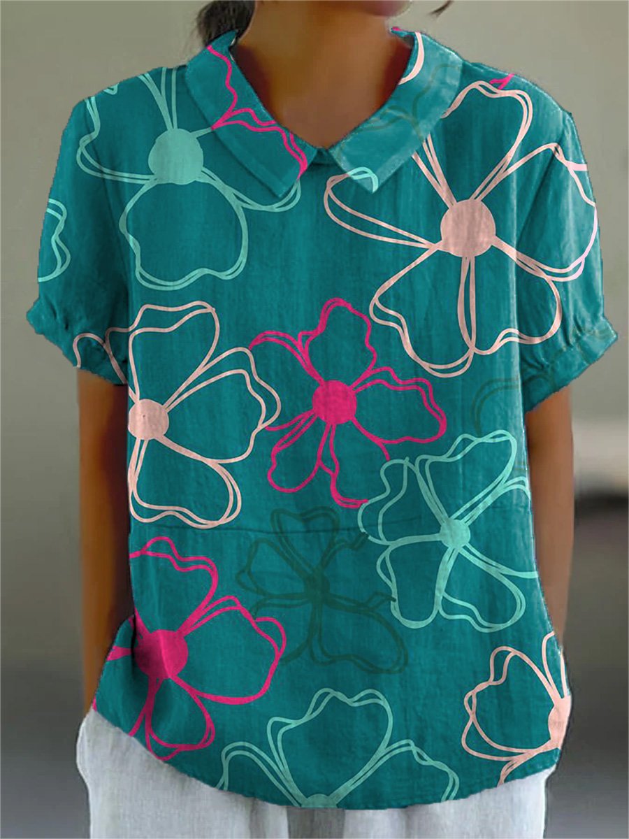 Line Drawing Summer Floral Pattern Printed Women's Casual Cotton And Linen Shirt