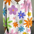 Women's Abstract Floral Pattern Print Casual Cotton And Linen 3/4 Sleeve Shirt