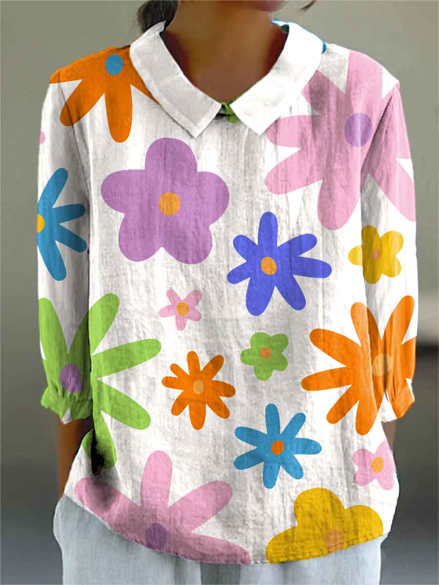 Women's Abstract Floral Pattern Print Casual Cotton And Linen 3/4 Sleeve Shirt
