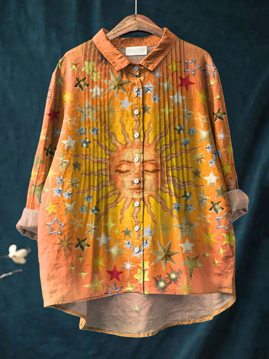 Women's Lovely Sun Pattern Art Print Casual Cotton And Linen Ruffle Shirt