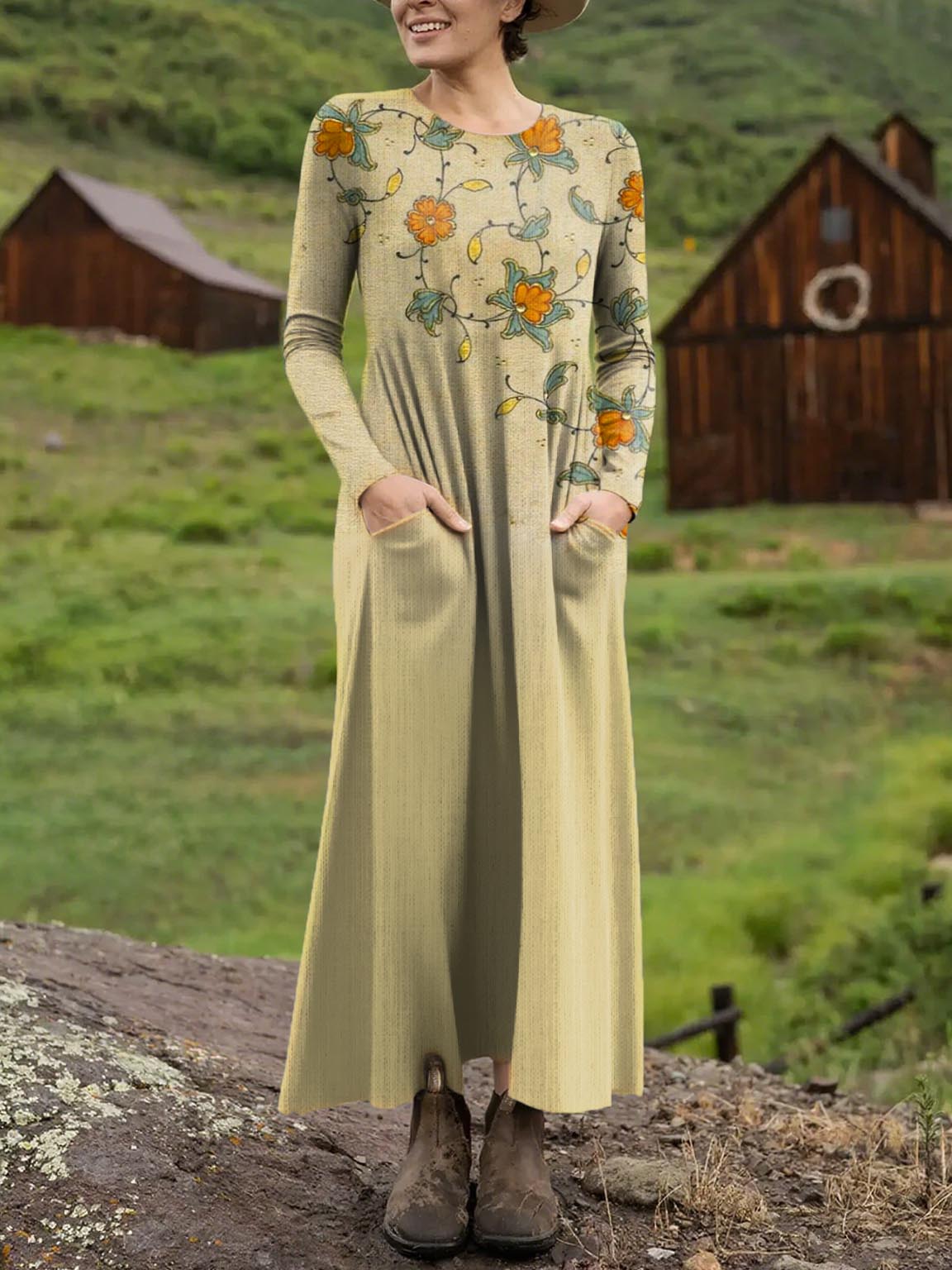 Women's Retro Floral Pattern Art Print Long-sleeved Dress