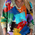 Abstract Multicolor Block Painting Art Print Knit V-neck Pullover Sweater