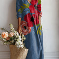 Women's Paint Flowers And Plants Print Linen Pocket Dress