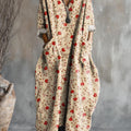 Women's Floral Art Pattern Print Pocket V-neck Cotton Dress