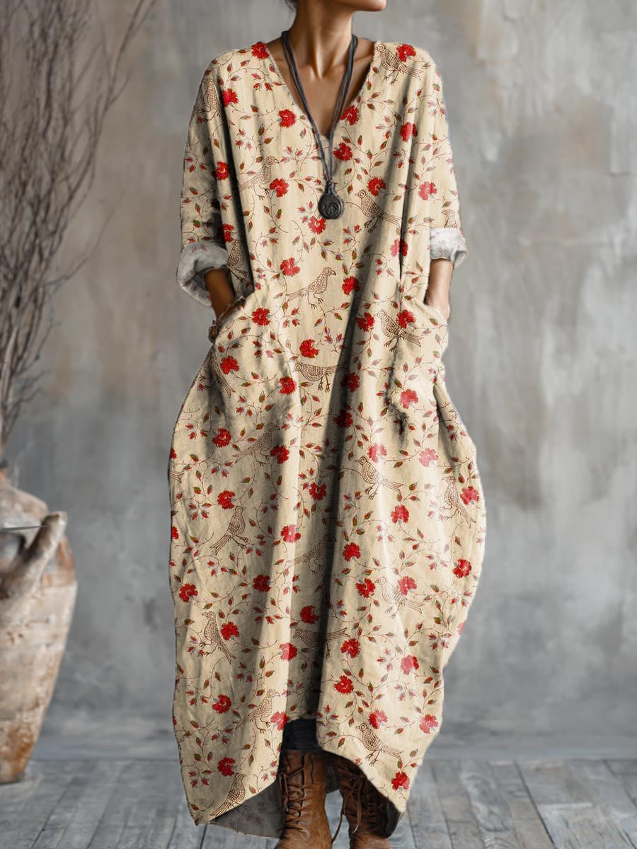 Women's Floral Art Pattern Print Pocket V-neck Cotton Dress