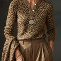 Women's Leopard Print V-Neck Long Sleeve Casual Loose Knit Top