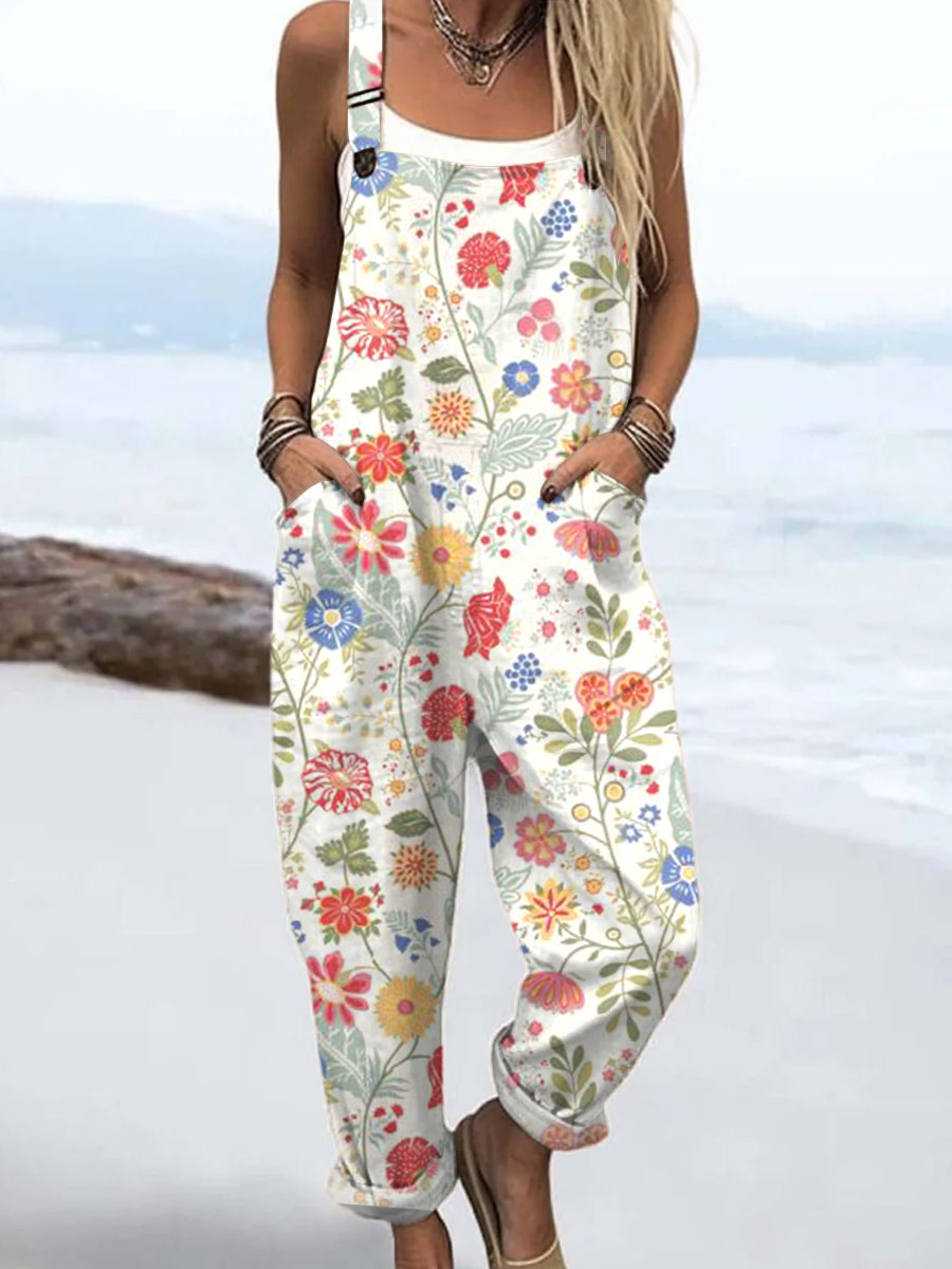 Women's  Vintage Flowers Art Print Casual 100% Cotton Wide Leg Jumpsuit