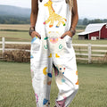 Women's Colorful Cute Animal Painting Art Print Casual 100% Cotton Wide Leg Jumpsuit