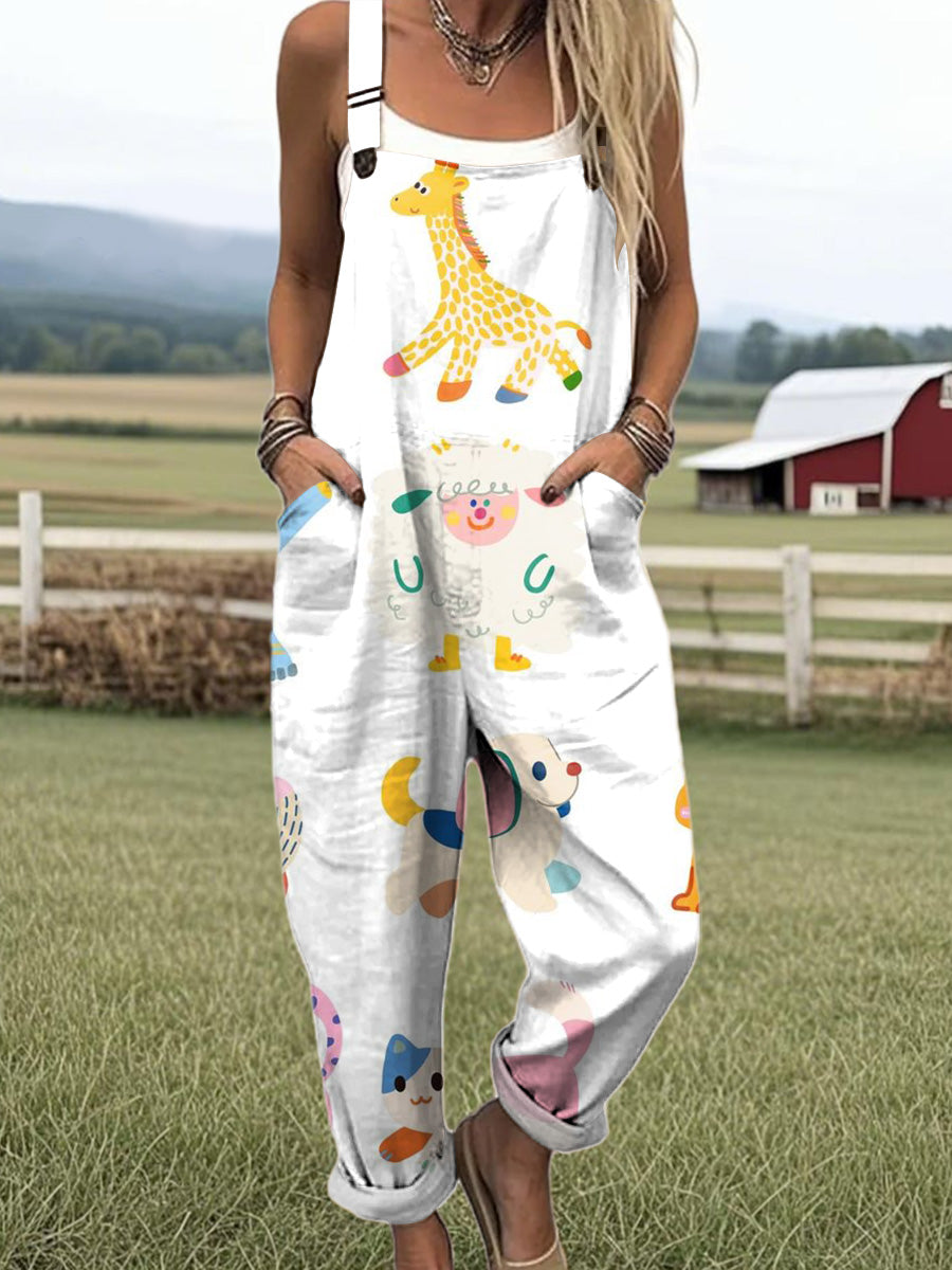 Women's Colorful Cute Animal Painting Art Print Casual 100% Cotton Wide Leg Jumpsuit