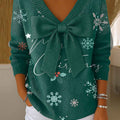 Women's Christmas Print Bowknot V-Neck Long Sleeve Casual Pullover Sweater