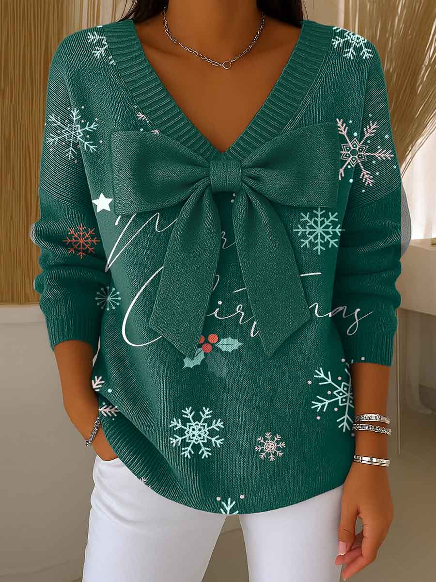 Women's Christmas Print Bowknot V-Neck Long Sleeve Casual Pullover Sweater