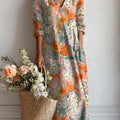 Damen-Kleid mit Vintage-Blumenmuster, lässigem Baumwoll-Leinen-Mischgewebe und Taschen 