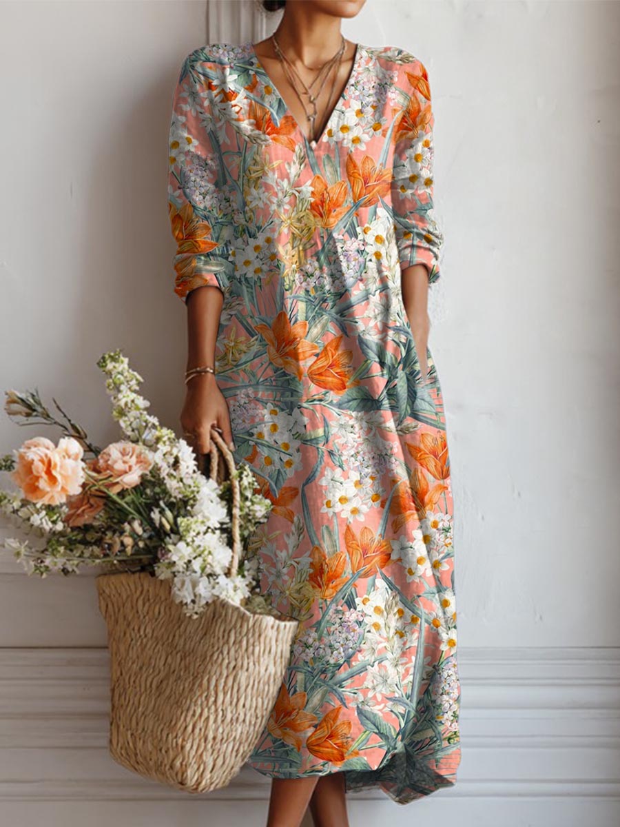 Women's Vintage Floral Art Print Casual Cotton Linen Pocket Dress