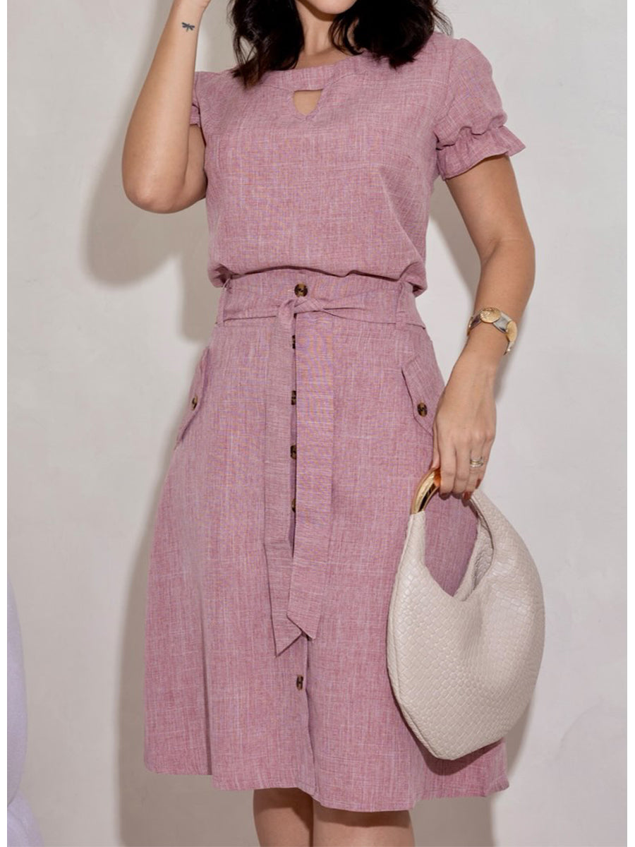 Women's Linen Cotton Short-sleeved Top and Tie Skirt Two-piece Set