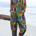 Women's Retro Abstract Geometric Texture Art Print Casual 100% Cotton Wide Leg Jumpsuit