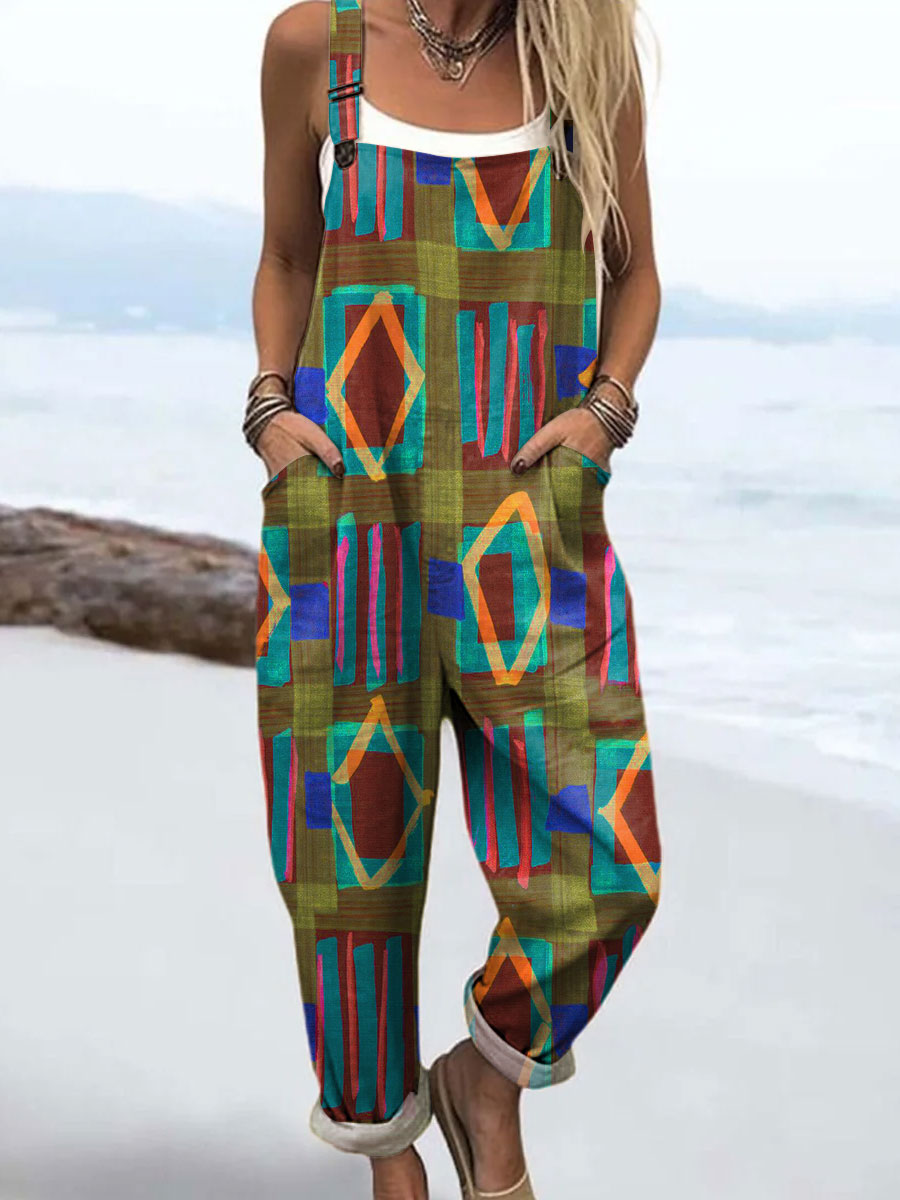 Women's Retro Abstract Geometric Texture Art Print Casual 100% Cotton Wide Leg Jumpsuit