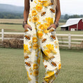 Women's Lovely Bees Floral Art Print Casual 100% Cotton Wide Leg Jumpsuit