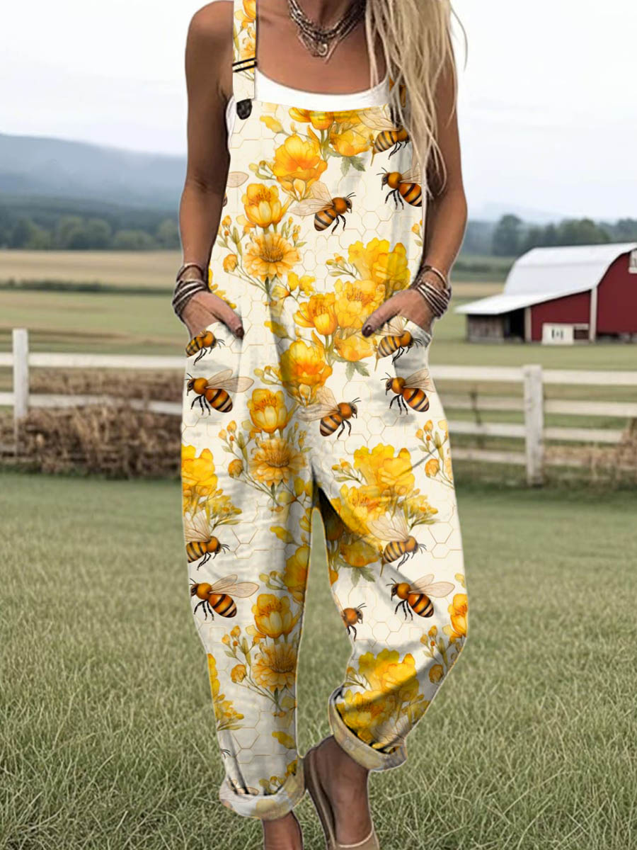 Women's Lovely Bees Floral Art Print Casual 100% Cotton Wide Leg Jumpsuit