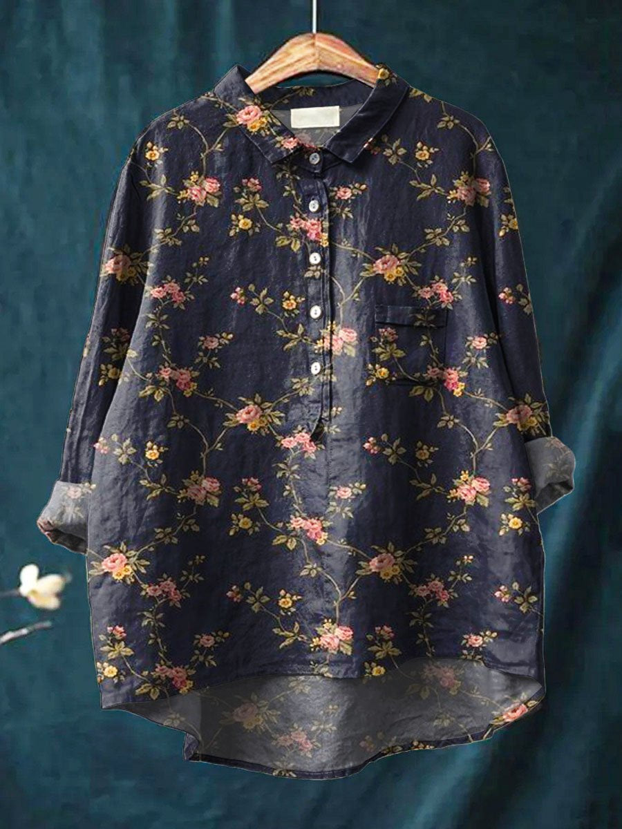 Women's Vintage Floral Art Print Casual Cotton And Linen Shirt