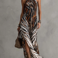 Stylish Halter Neck Sexy Animal Print Maxi Dress