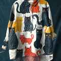 Women's Retro Colorful Cat Print Casual Cotton And Linen Shirt