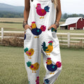 Women's Funny Chicken Art Print Casual 100% Cotton Wide Leg Jumpsuit