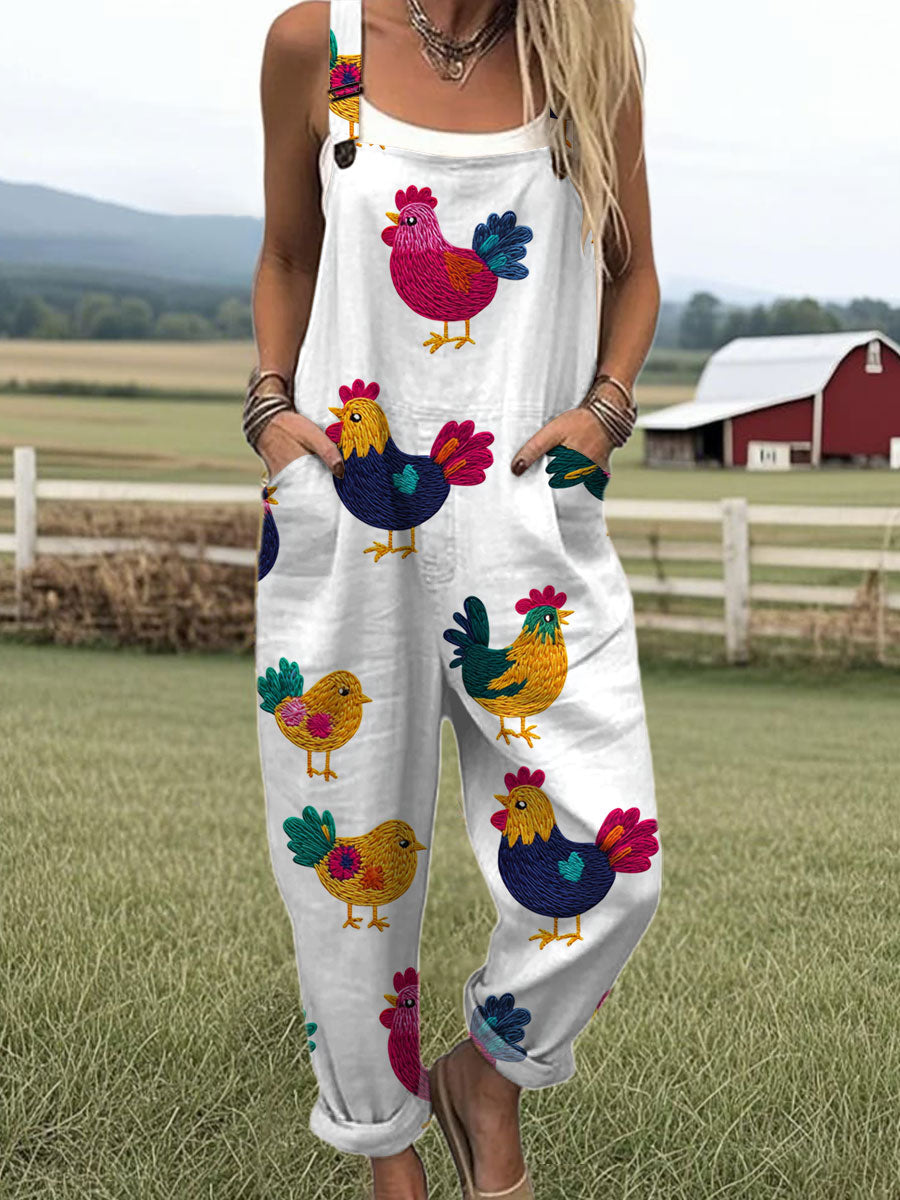 Women's Funny Chicken Art Print Casual 100% Cotton Wide Leg Jumpsuit