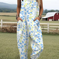 Women's  Vintage Flower Art Print Casual 100% Cotton Wide Leg Jumpsuit