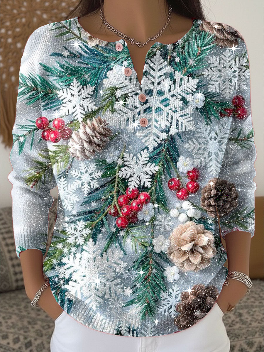 Christmas Snowflakes Leaves Fruit Print Henley Neck Sparkling Sequin Sweater