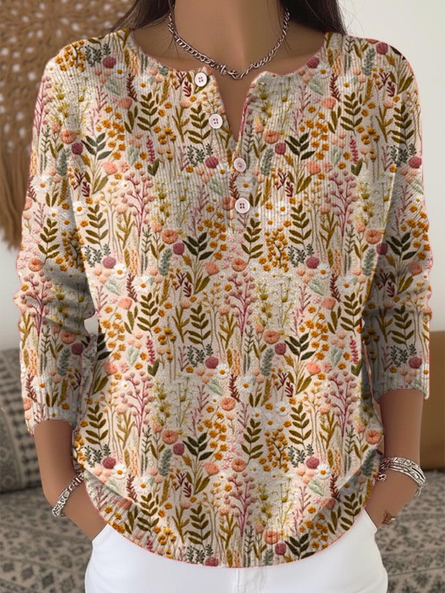 Women's Floral Pattern Art Print Buttoned Cardigan Sweater