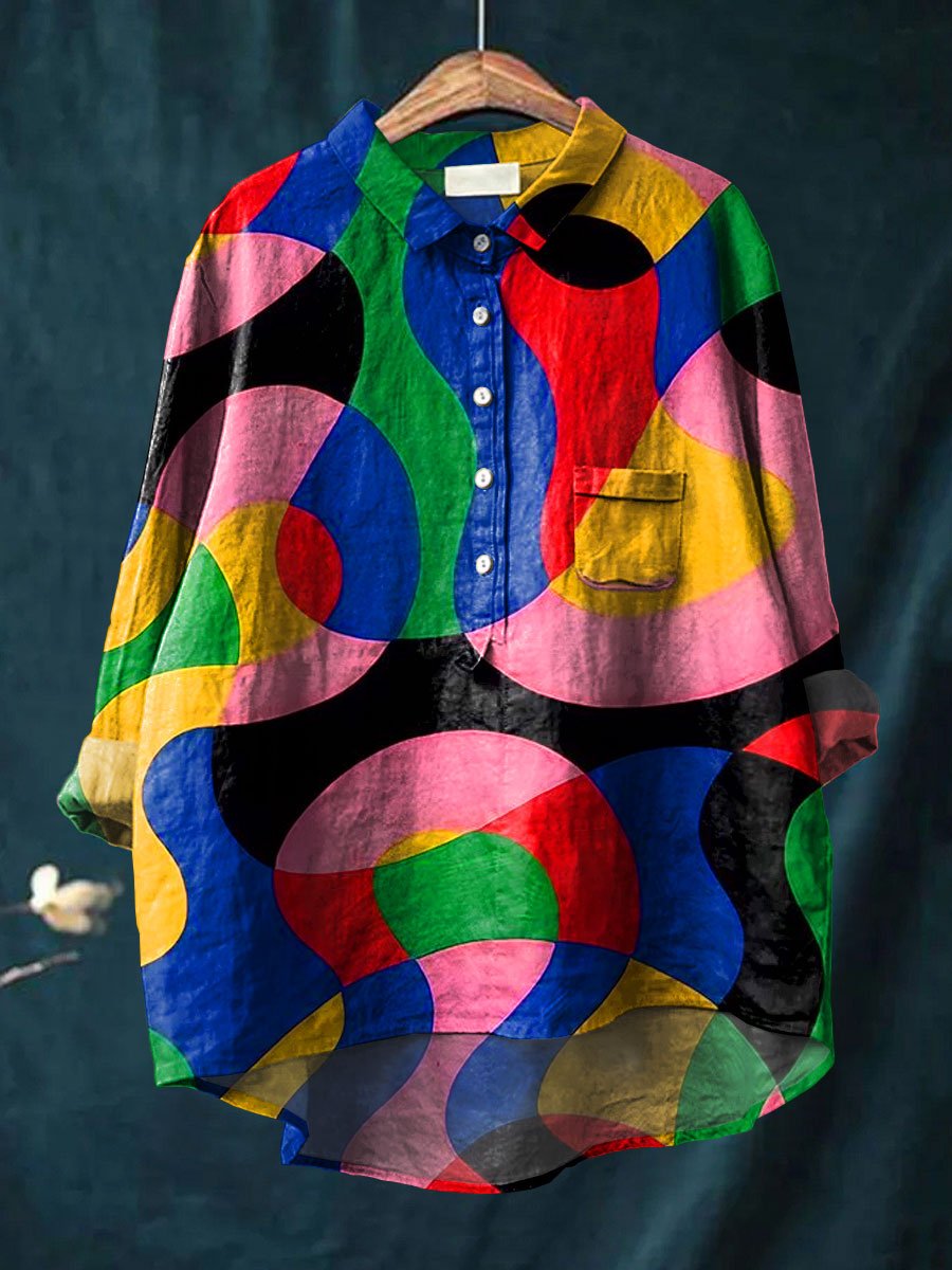 Women's Colorful Abstrct Art Print Casual Cotton And Linen Shirt