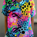Rainbow Color And Leopard Print Pattern Printed Women's Casual Cotton And Linen Shirt