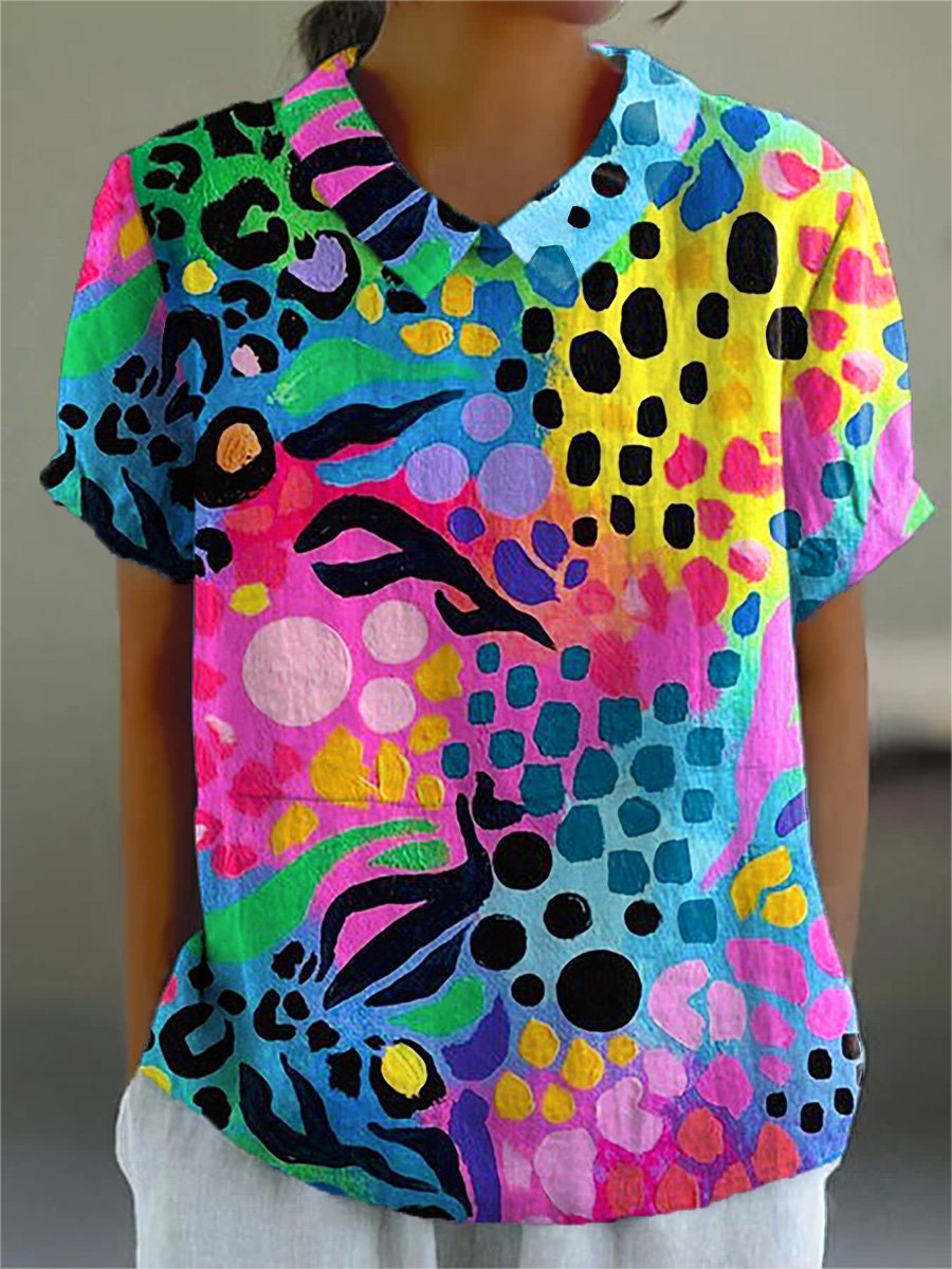 Rainbow Color And Leopard Print Pattern Printed Women's Casual Cotton And Linen Shirt