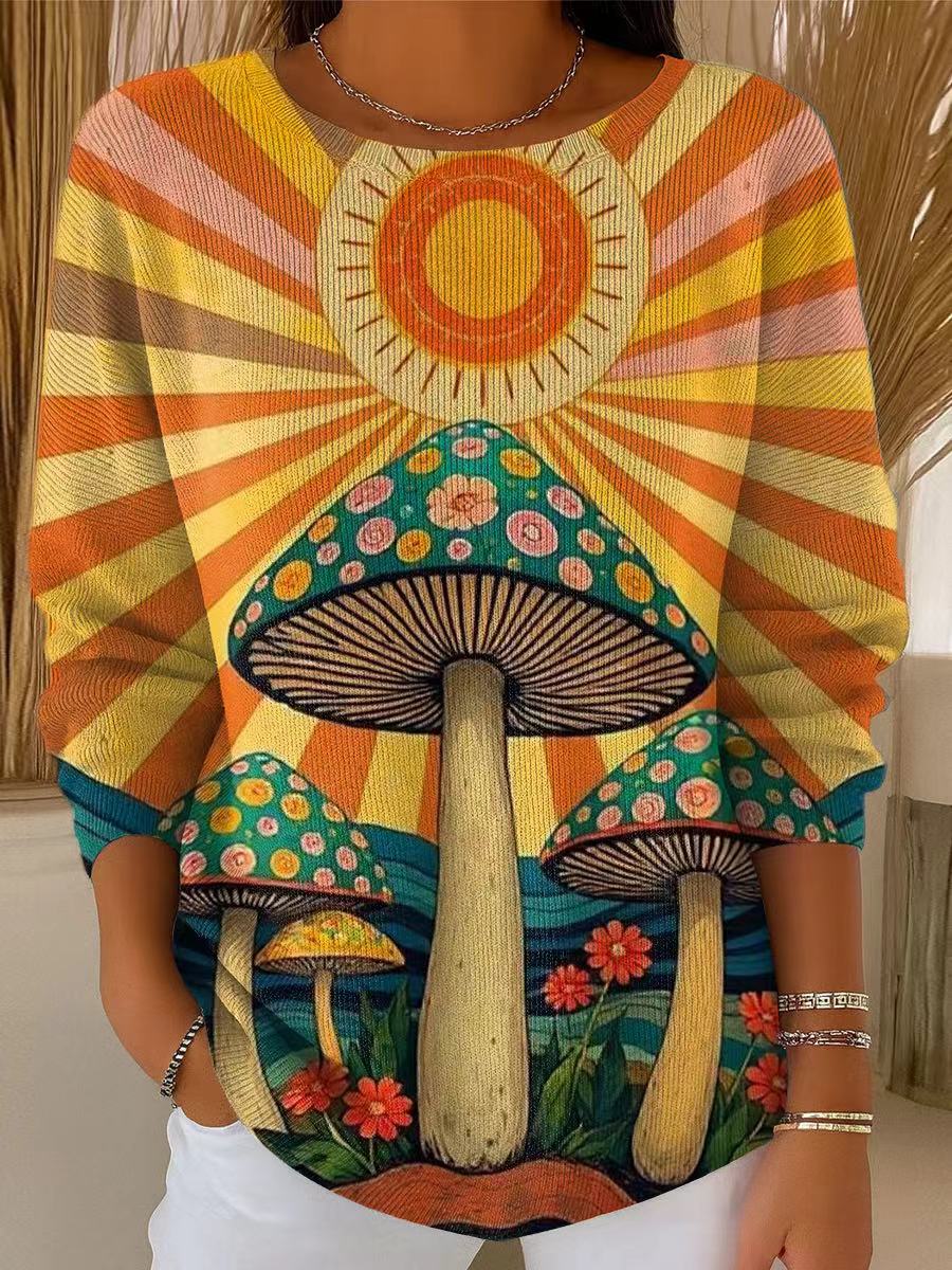 womens-beautiful-sun-mushroom-illustration-art-print-casual-pullover-sweater