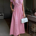 Women's Solid Color Round Neck Short Sleeve Elastic Waist Casual Cotton Dress