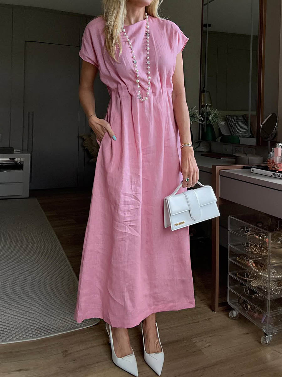 Women's Solid Color Round Neck Short Sleeve Elastic Waist Casual Cotton Dress