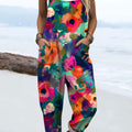 Women's Vintage Flower Art Print Casual 100% Cotton Wide Leg Jumpsuit