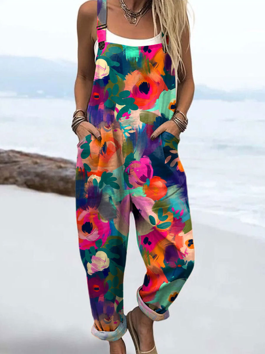 Women's Vintage Flower Art Print Casual 100% Cotton Wide Leg Jumpsuit