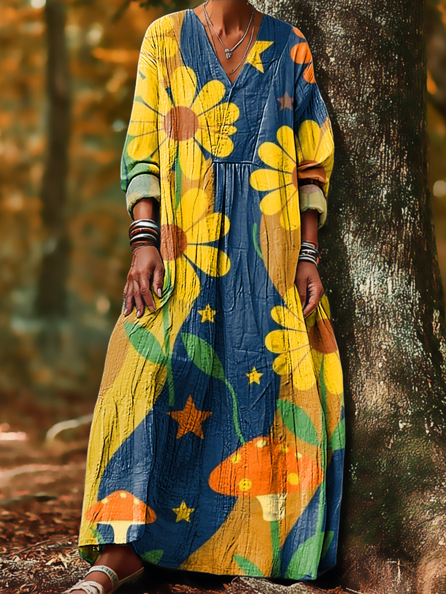 Women's Vintage Abstract Big Sunflower Corrugated Painting Art Print Dress