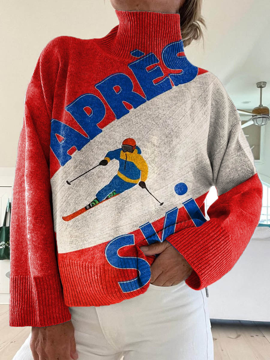Women's Apres Ski Pattern Art Print Knit Turtleneck Pullover Sweater