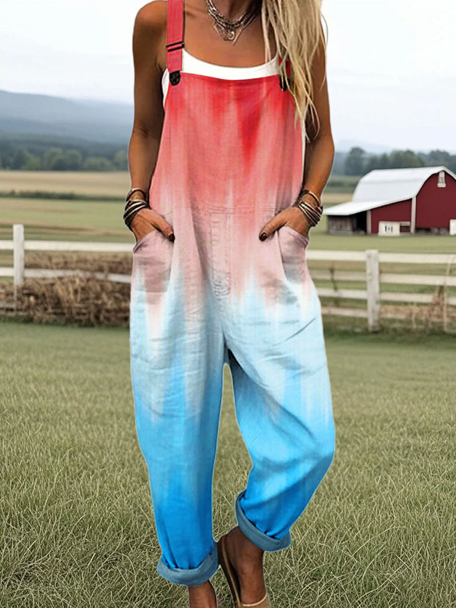 Women's Vintage Gradient Art Print Casual 100% Cotton Wide Leg Jumpsuit