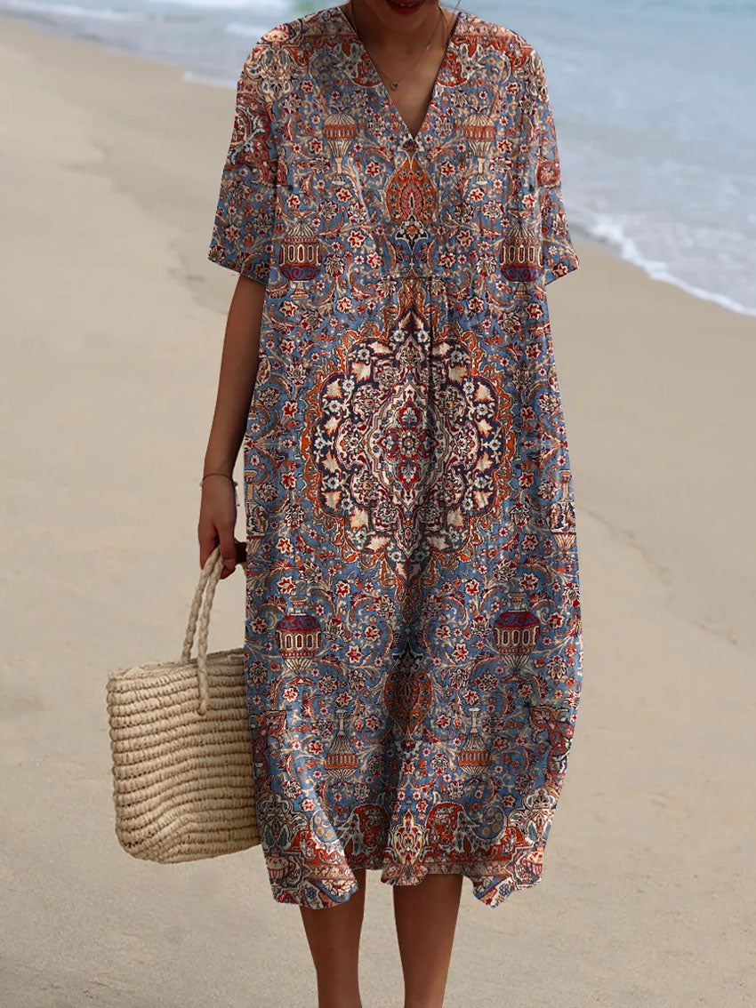 Women's Vintage Ethnic Floral Art Print Flowy Cotton Dress