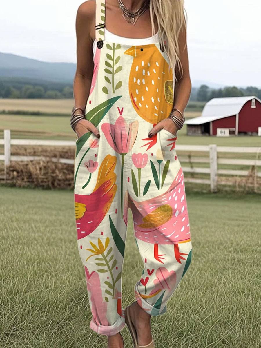 Women's  Funny Chicken Art Print Casual 100% Cotton Wide Leg Jumpsuit