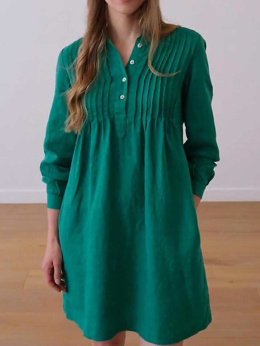 Women's Accordion Pleated Button Long Sleeve Linen Dress